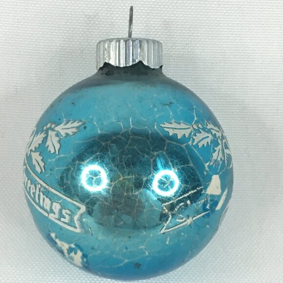 Vintage Shiny Brite Small Blue Glass Ball Stencil Christmas Greetings Ornament - Picture 2 of 9
